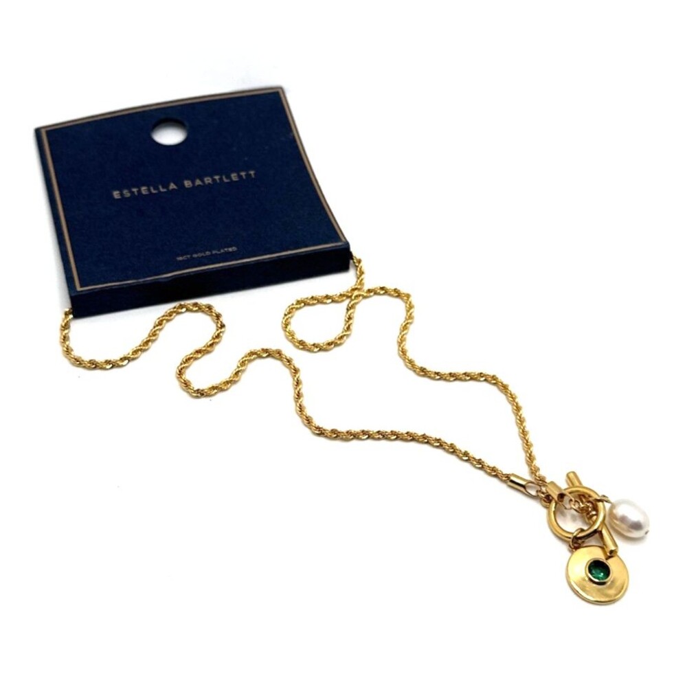 NEW Estella Bartlett Genuine Pearl CZ T-Bar Rope Necklace Gold Plated EBN5882G